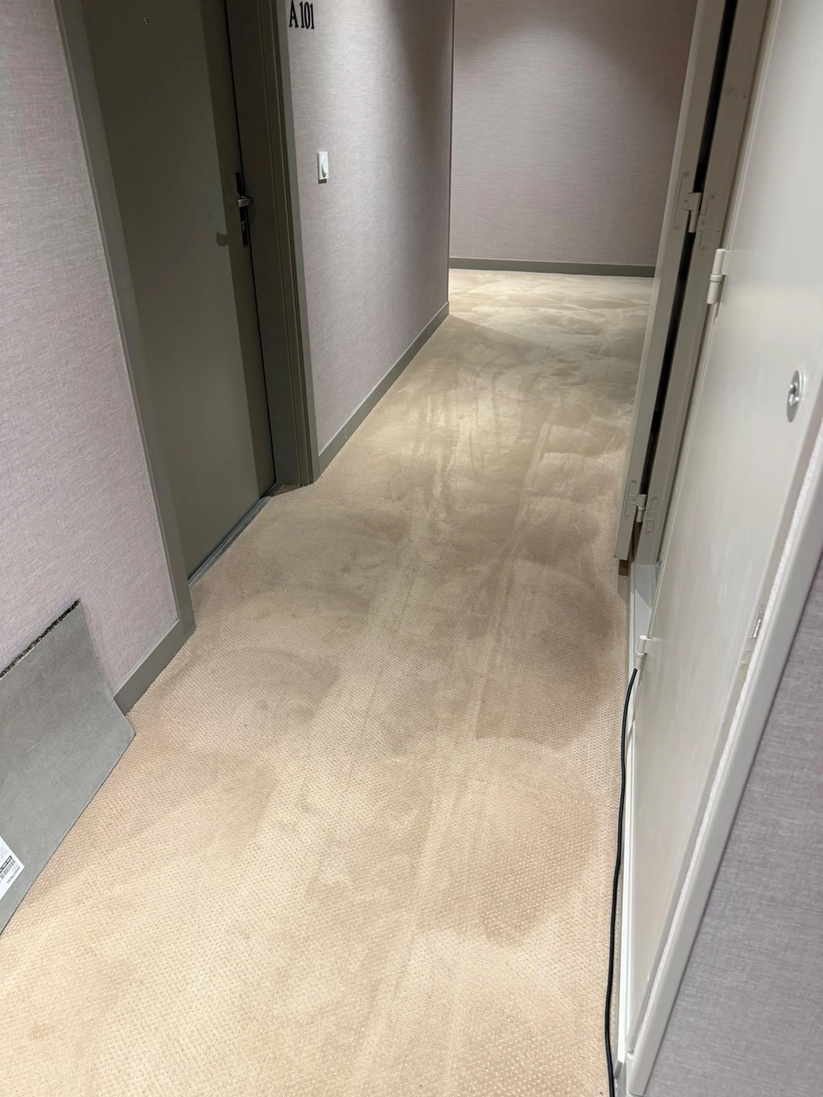Le même couloir après nettoyage monobrosse et bonnette : moquette beige homogène